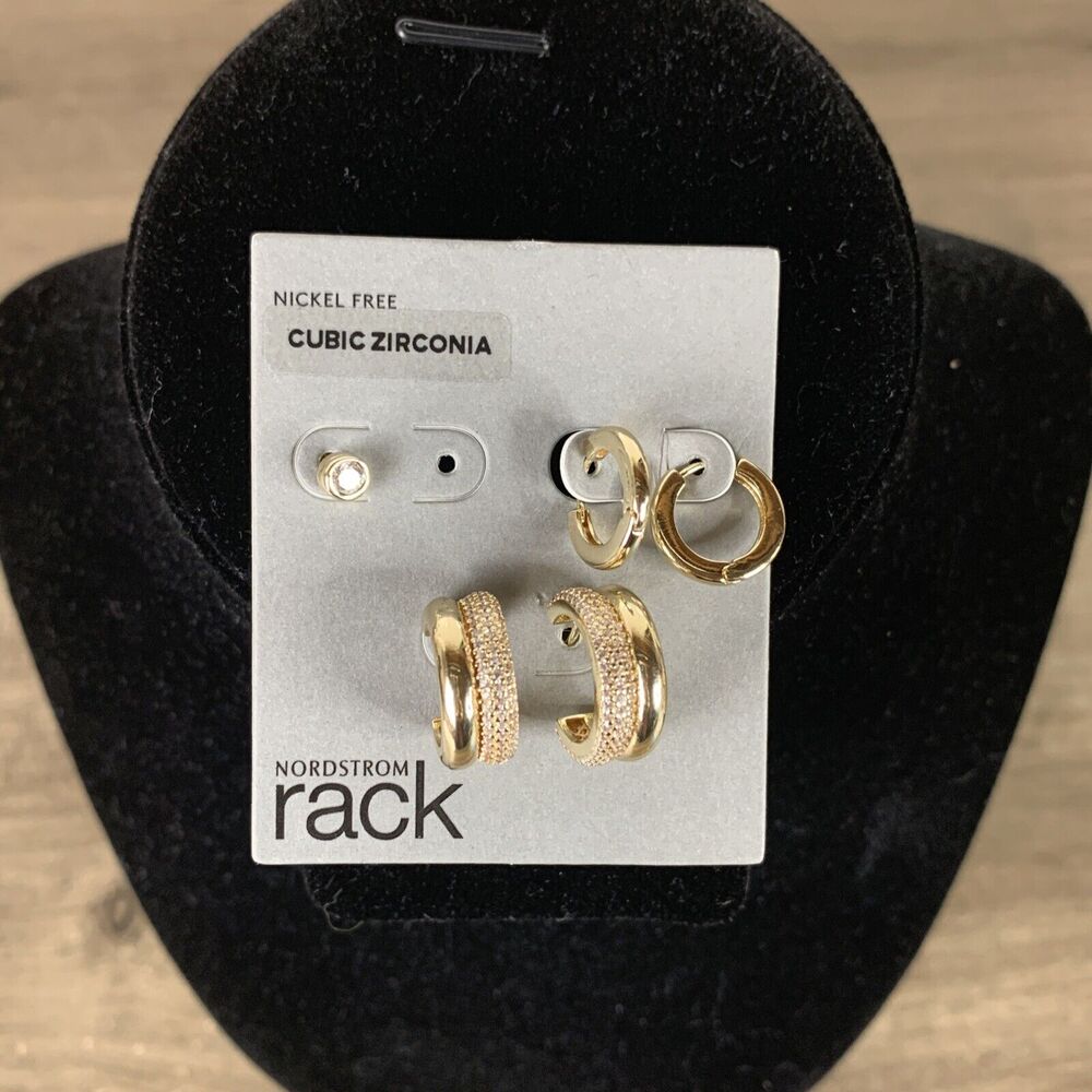 Nordstrom Cubic Zirconia Nickel Free 2 Pairs Huggie Hoop Stud Earrings Gold